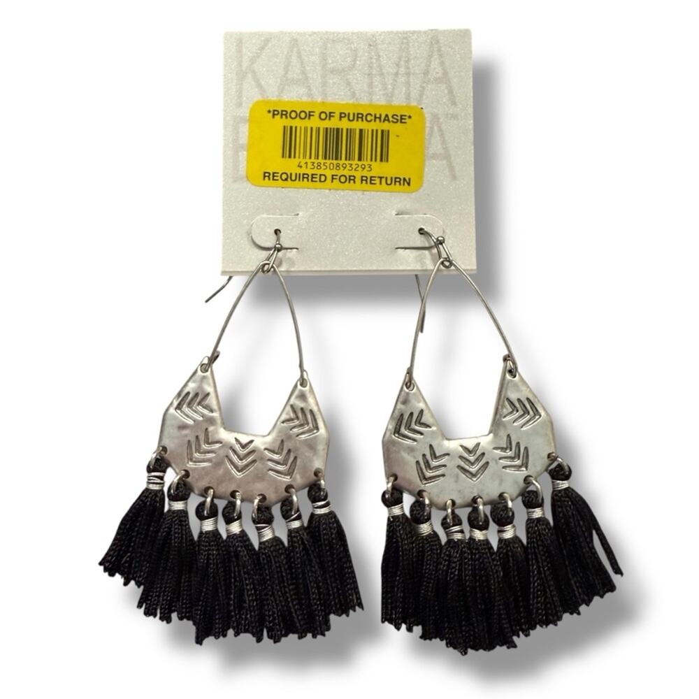 Karma Bella Silver Boho Statement Earrings with Black Tassels NWT